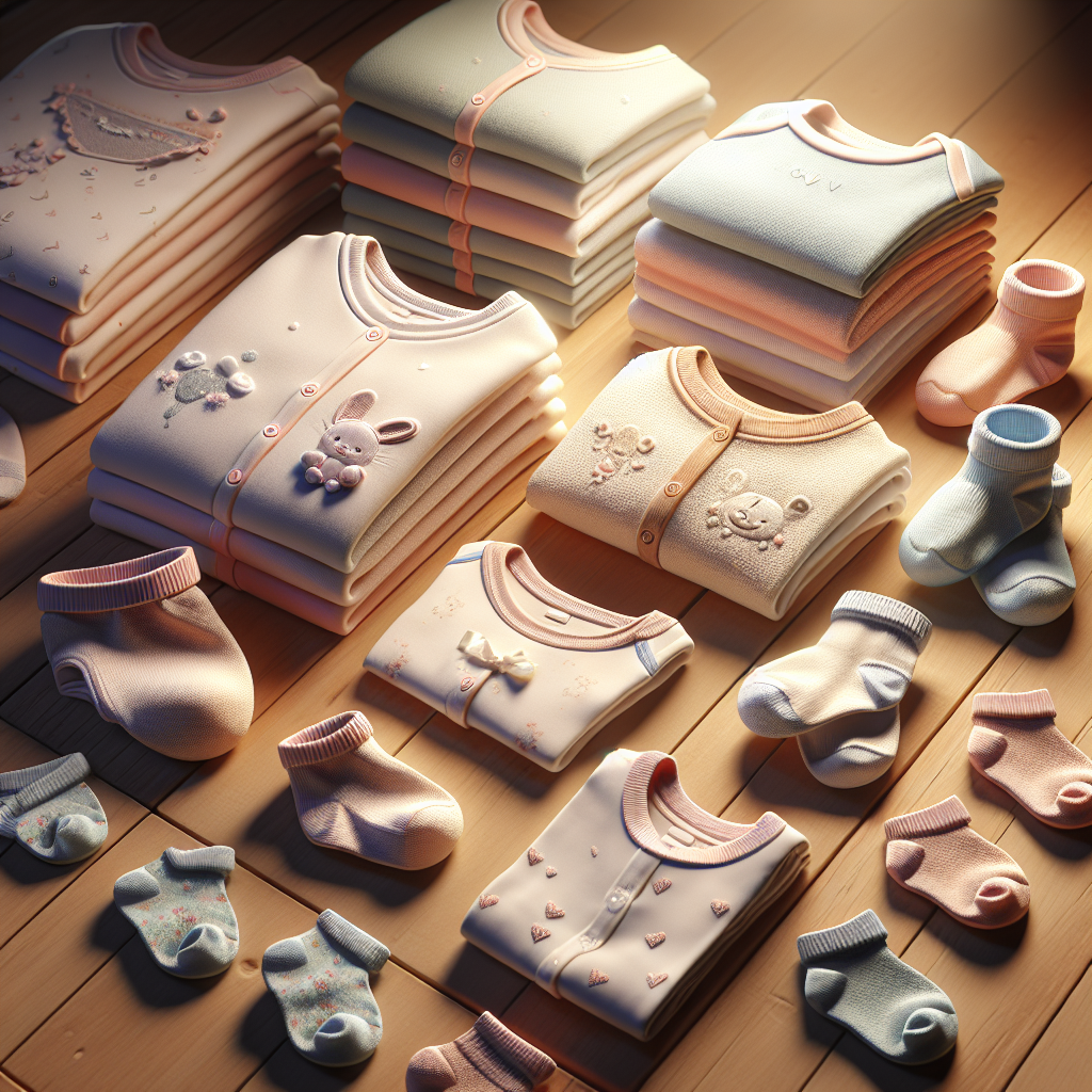 Affordable baby clothes arranged neatly on a wooden table, showcasing a variety of onesies, bibs, and tiny socks in pastel colors with soft textures and adorable patterns.