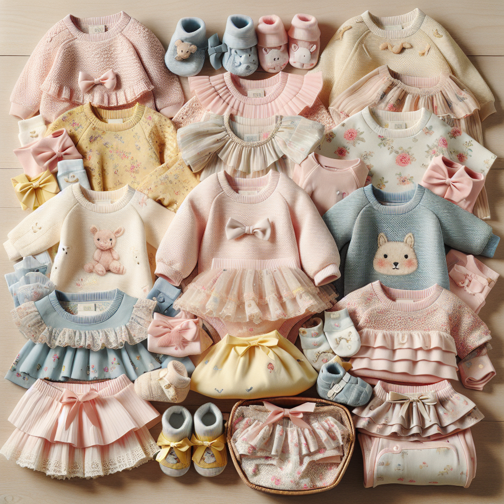 A realistic image of adorable newborn girls' clothes, showcasing various styles and colors, emphasizing soft fabric textures and intricate details.