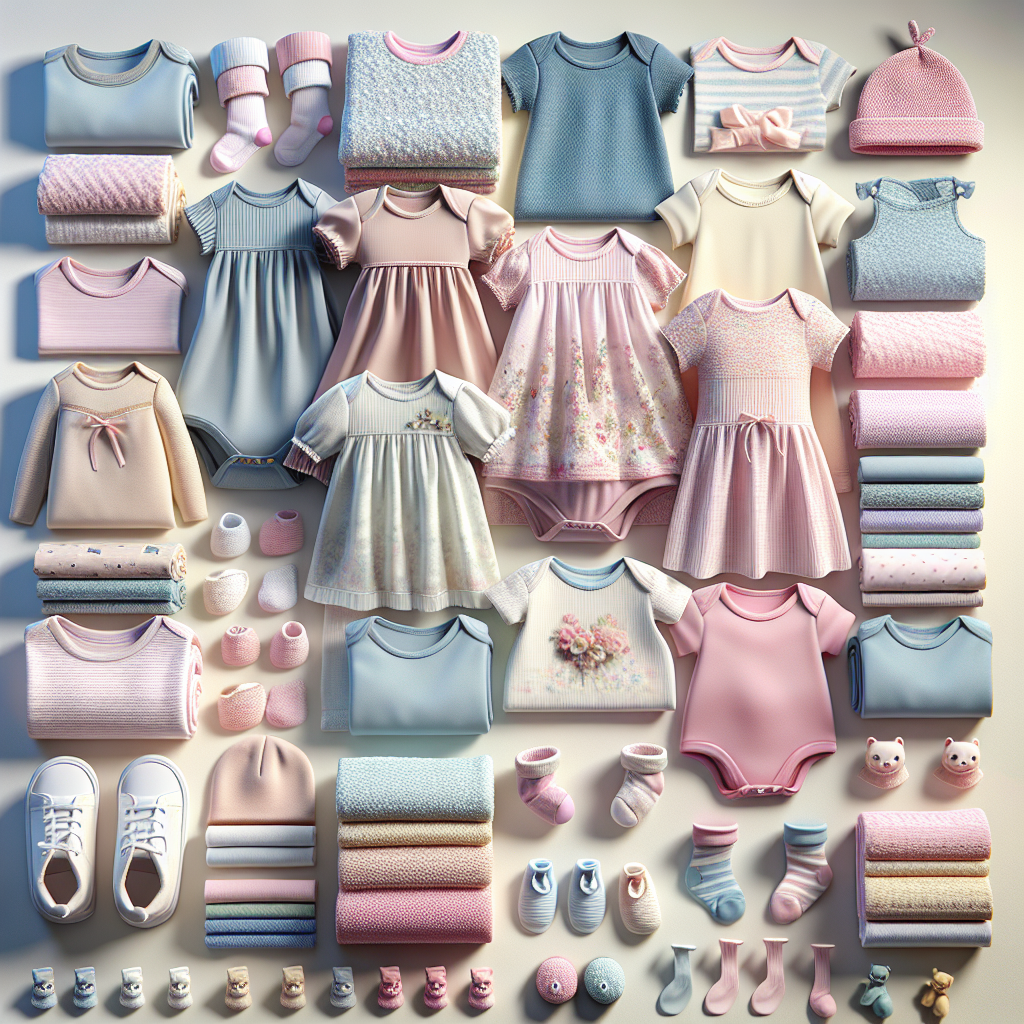 Realistic image of newborn girls' clothes including onesies, dresses, and accessories.