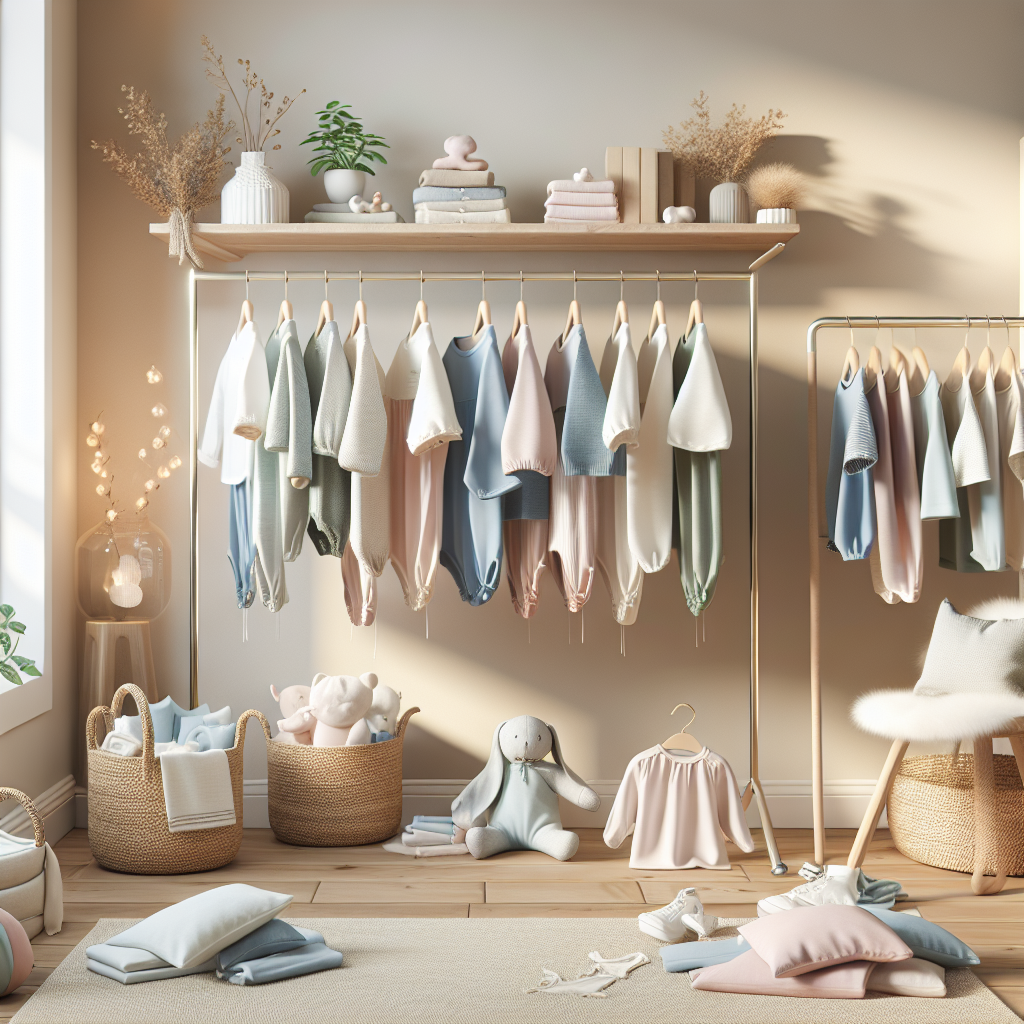 A collection of organic baby clothes in a cozy nursery.