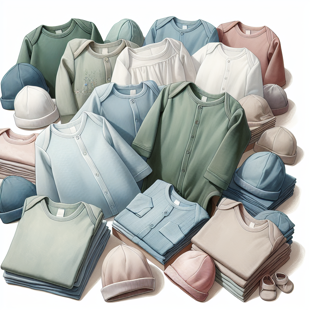 A variety of organic baby clothes arranged neatly, showcasing different garments like bodysuits, pajamas, and hats in soft, pastel colors.