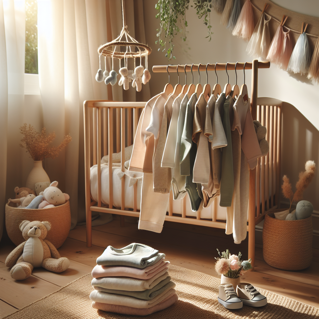 A cozy baby nursery scene with organic baby clothes.