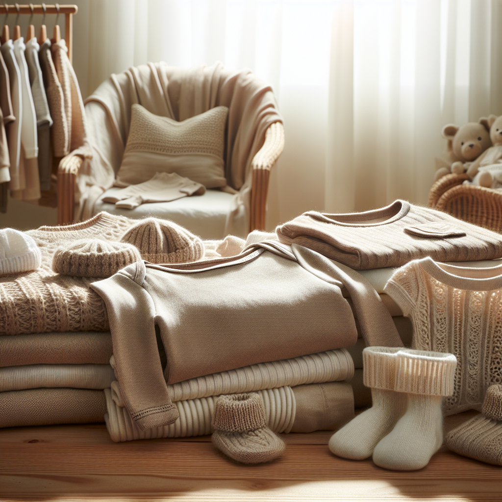 A realistic depiction of a warm nursery showcasing organic baby clothes.