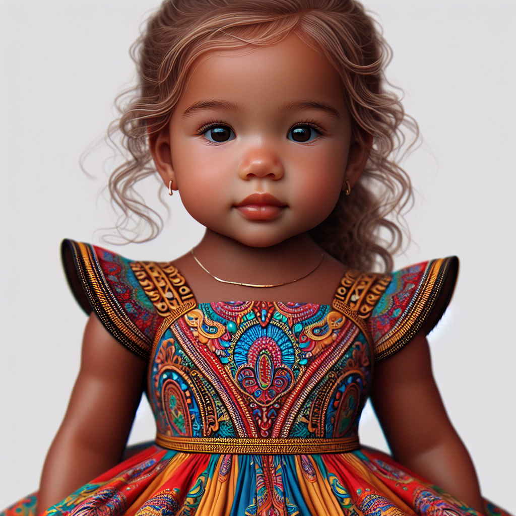 A baby girl wearing a detailed, colorful dress with a simple background, showcasing facial expressions and delicate features.