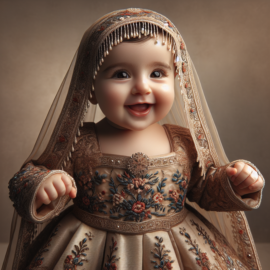 Realistic image of a baby girl wearing a beautifully designed dress.