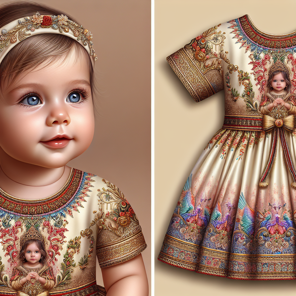 A girl in a realistic style wearing a baby dress with intricate designs and vibrant colors.