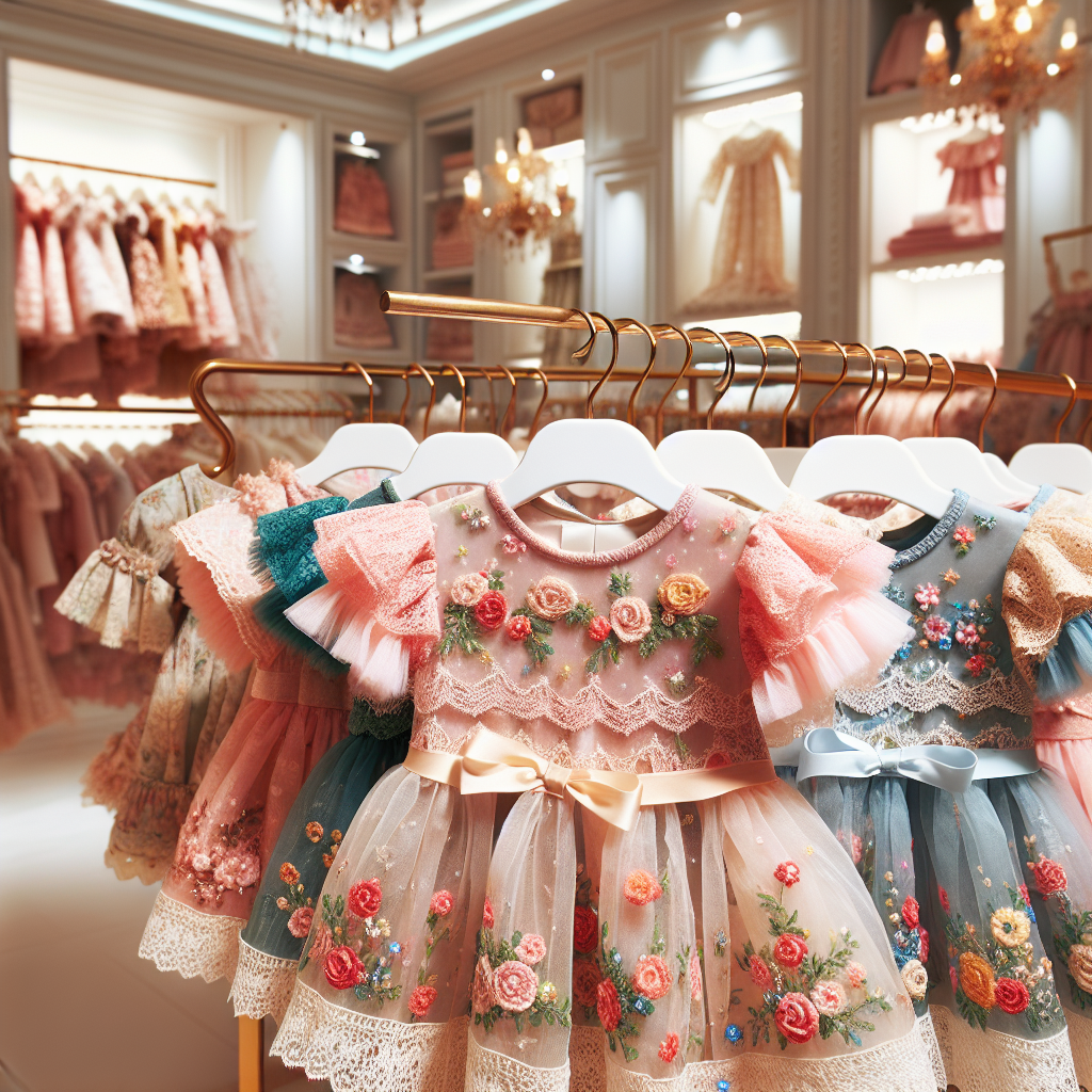 Realistic image of girls' baby dresses in a boutique.