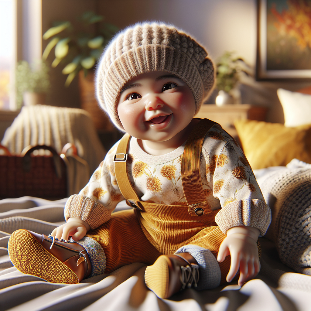 A baby wearing cute, stylish clothes, looking happy and comfortable in a realistic, warm, and cozy setting.