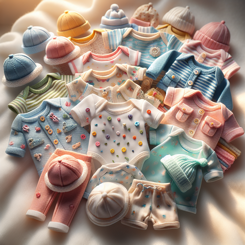 Realistically styled baby clothes arranged on a soft, white surface.