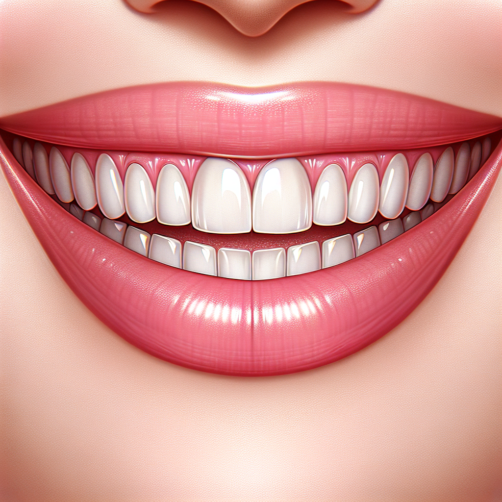 A realistic close-up image of a person's radiant smile with white teeth and healthy gums.