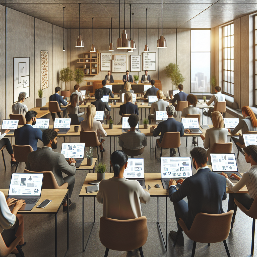 People participating in an online business course in a modern, well-lit room.