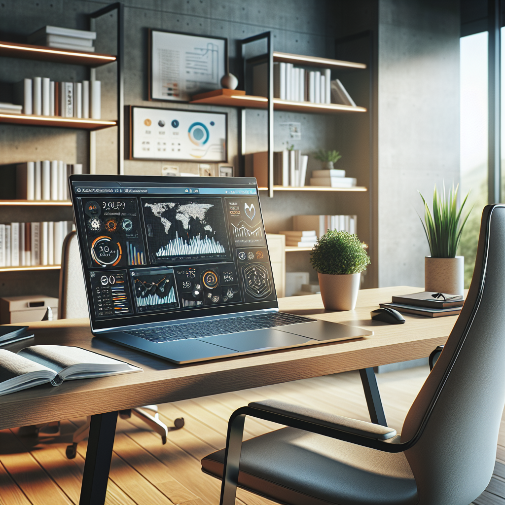 Modern home office with a laptop displaying an online business course, ergonomic chair, and bookshelf with business textbooks.