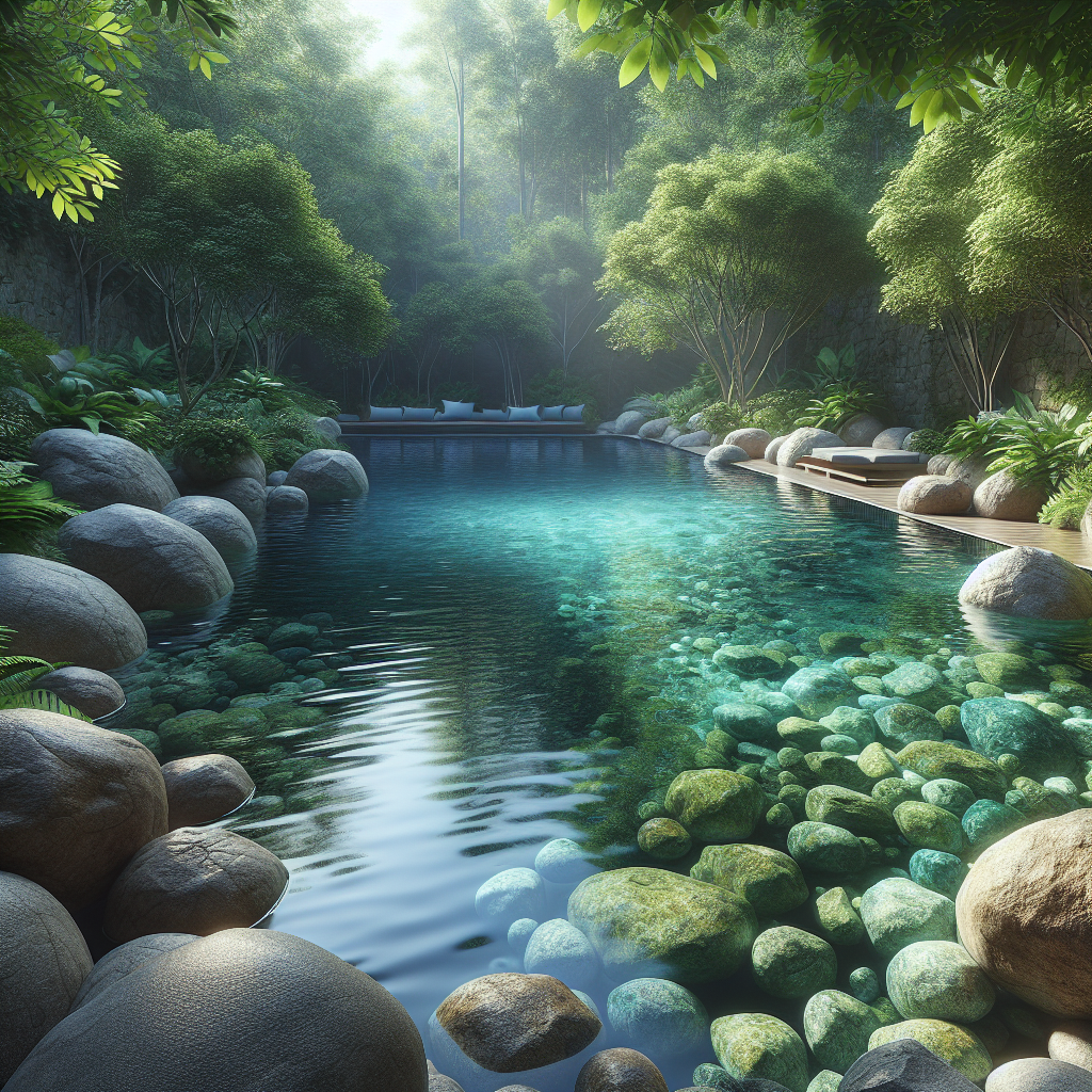 Realistic image of a serene natural swimming pool surrounded by rocks and greenery, inspired by a reference photo.