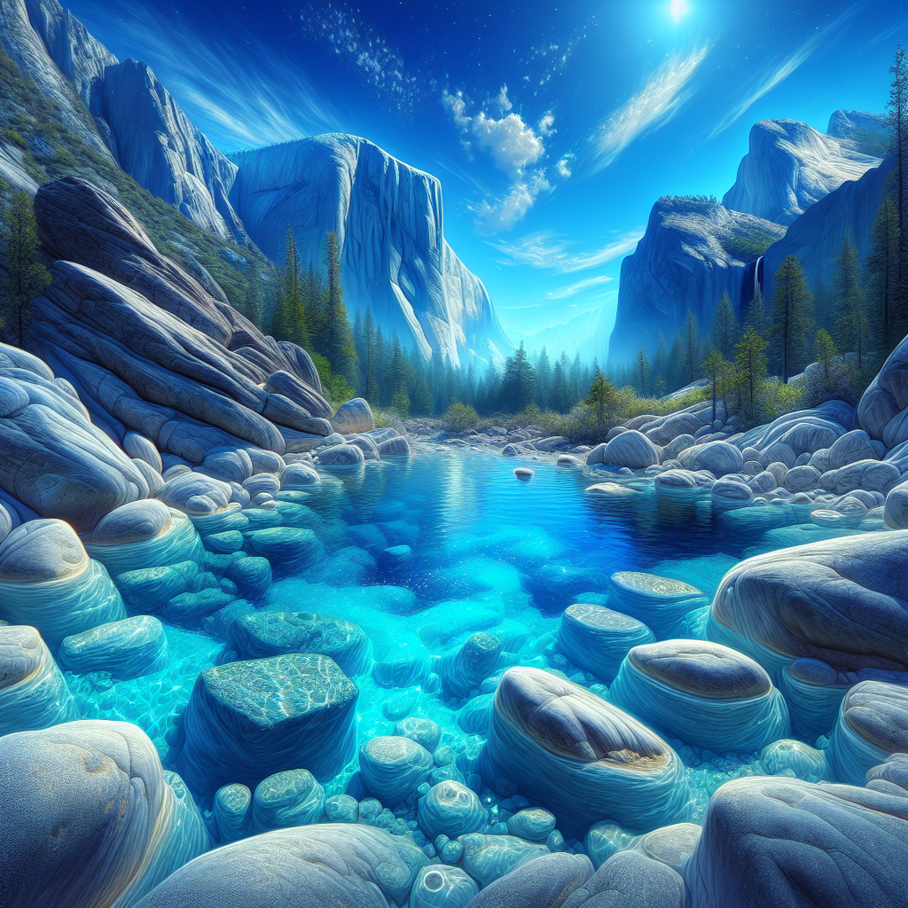 Photo-realistic image of a natural rock pool with clear blue water and stained rocks.