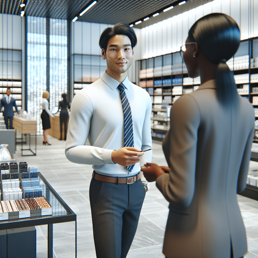 A realistic image of a retail assistant working in a store, helping a customer.