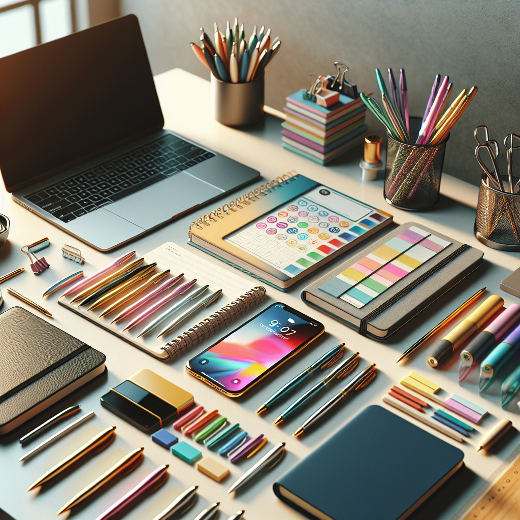 An organized desk with a variety of productivity tools including electronic devices and stationery items.