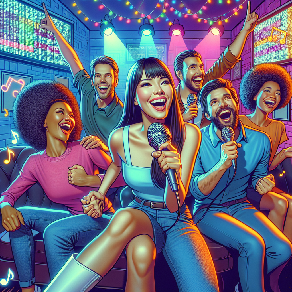 An excited group of friends having fun at a karaoke party, with colorful lights and musical notes in the air.