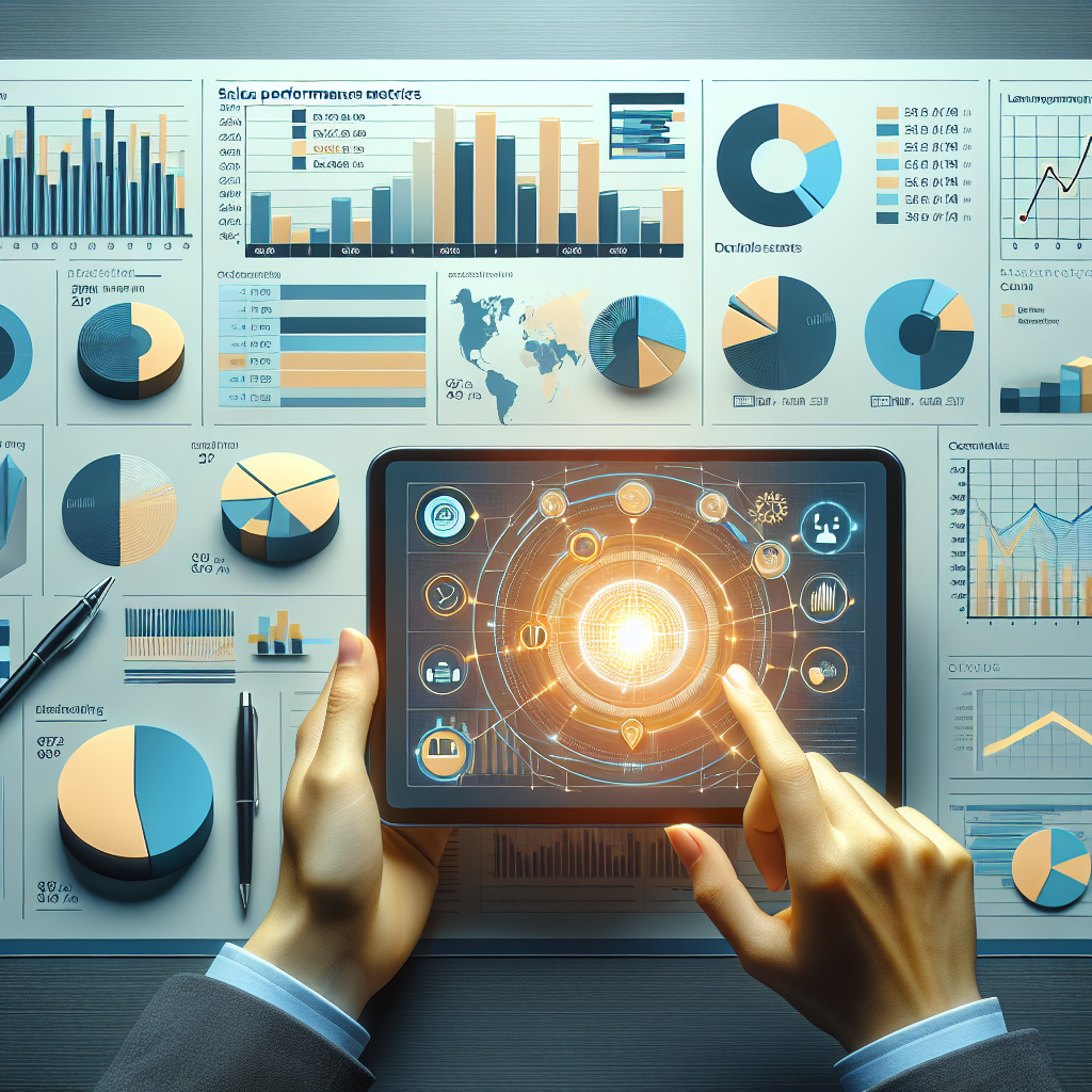 Realistic image of a sales performance metrics dashboard with detailed charts.