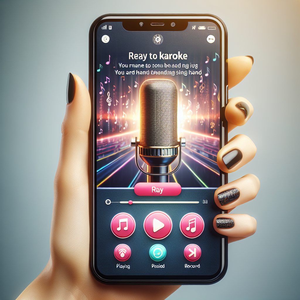 Realistic image of a hand holding a smartphone with a karaoke app interface on the screen.