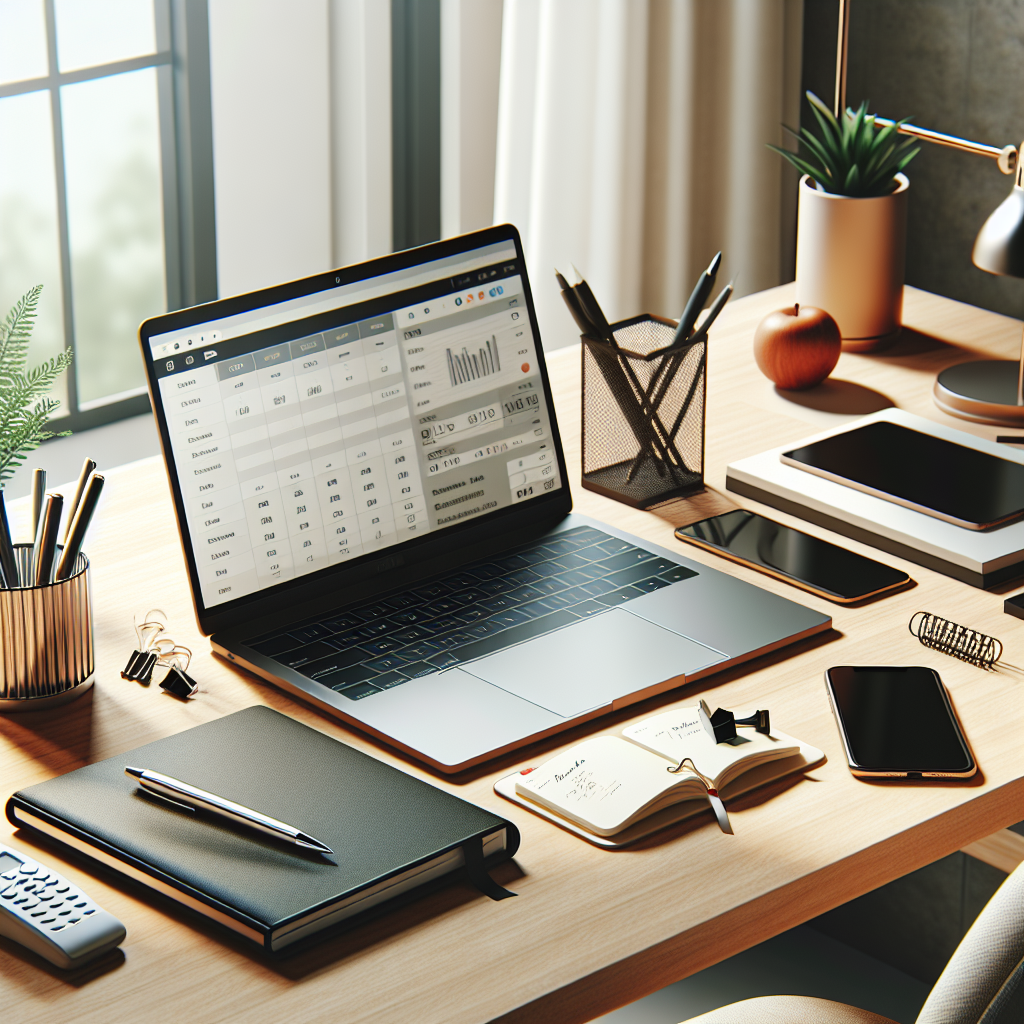 An organized desk with a laptop and productivity tools.