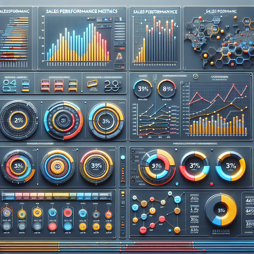 A realistic and sleek sales performance metrics dashboard with various graphs and numerical data.