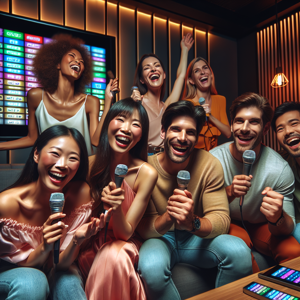 A group of friends singing karaoke in a modern room with a colorful screen and ambient lighting.