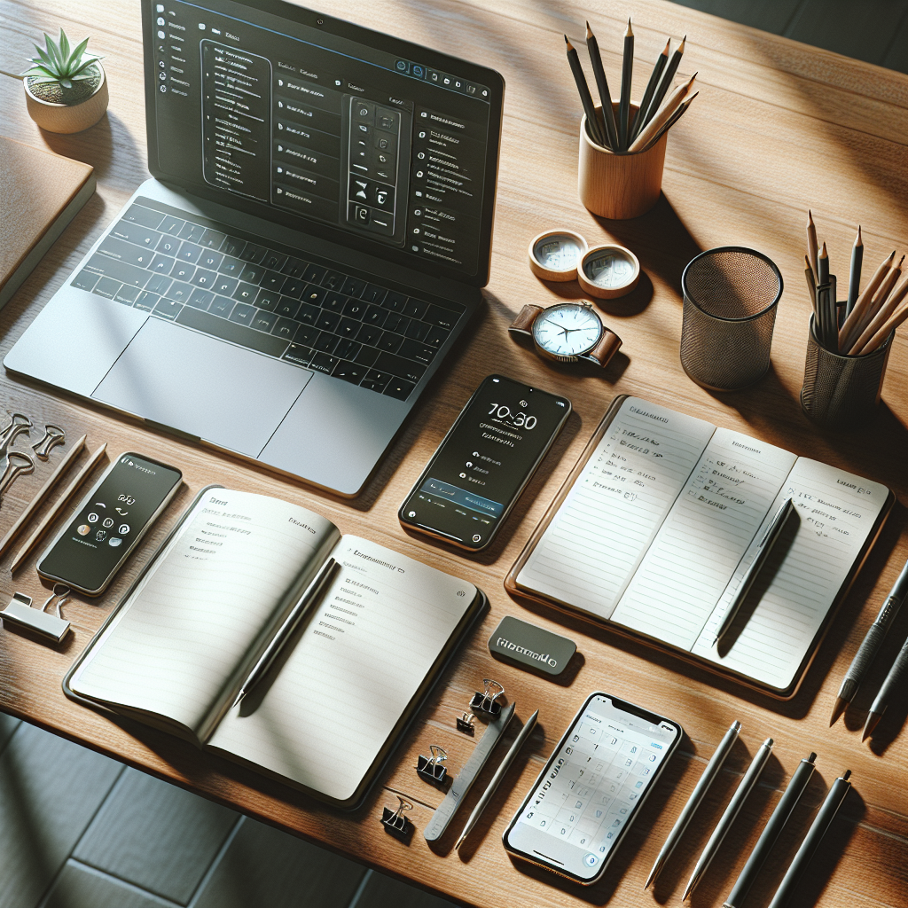 Modern productivity tools arranged on a wooden desk.