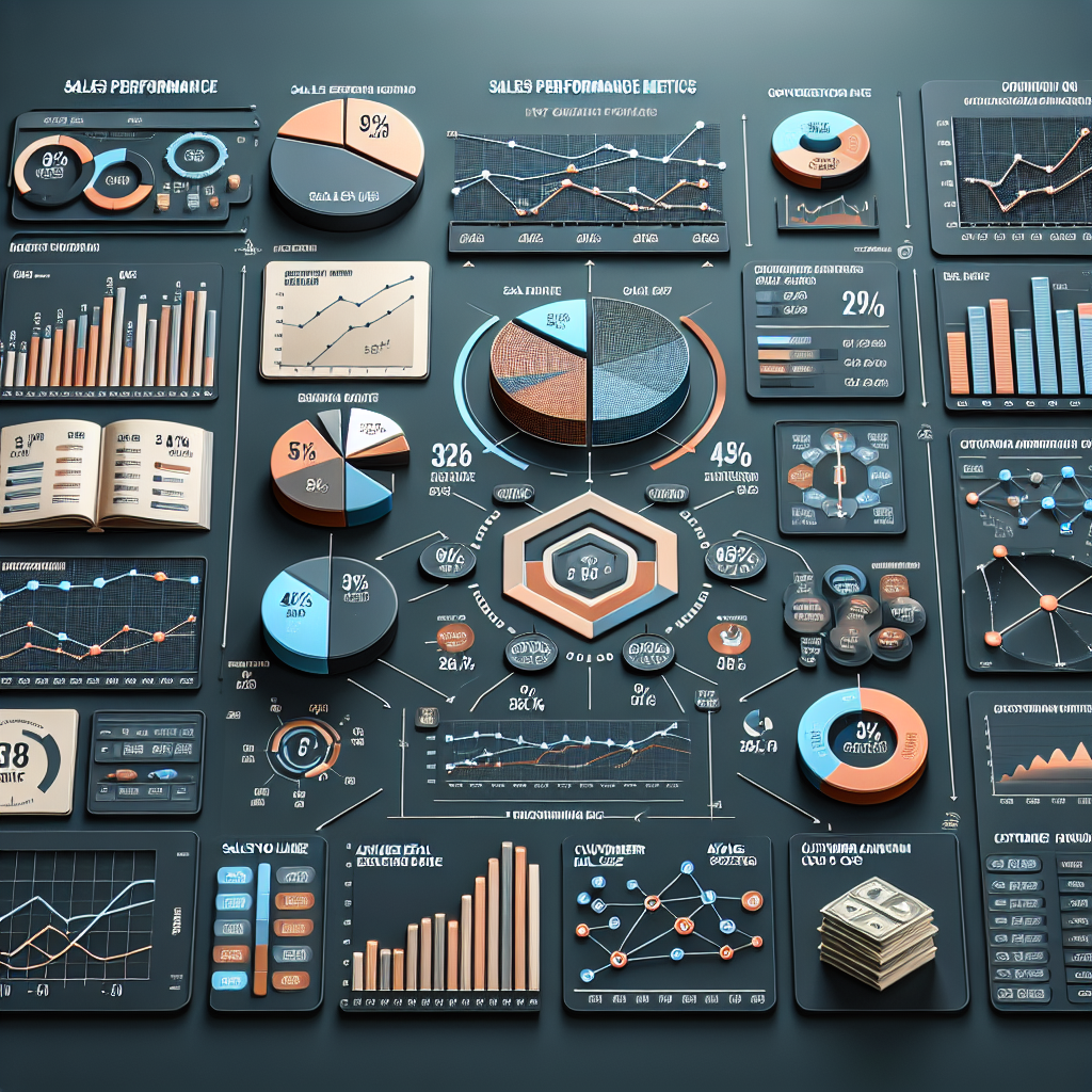 A realistic sales performance metrics dashboard with various graphs and indicators.