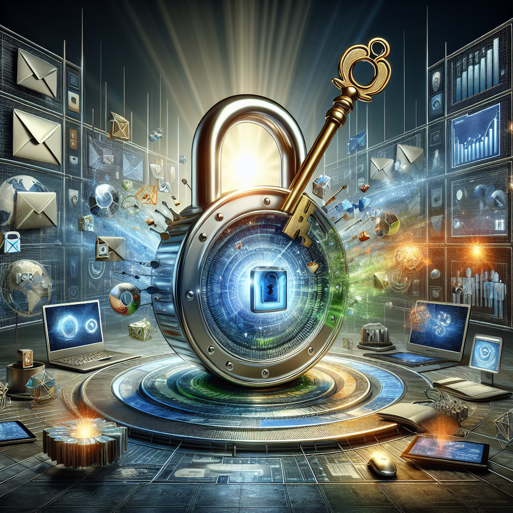 A silver lock with a digital screen showing email campaign success surrounded by high-tech devices with graphs, suspended golden key above, all symbolizing the power of email marketing vendors.