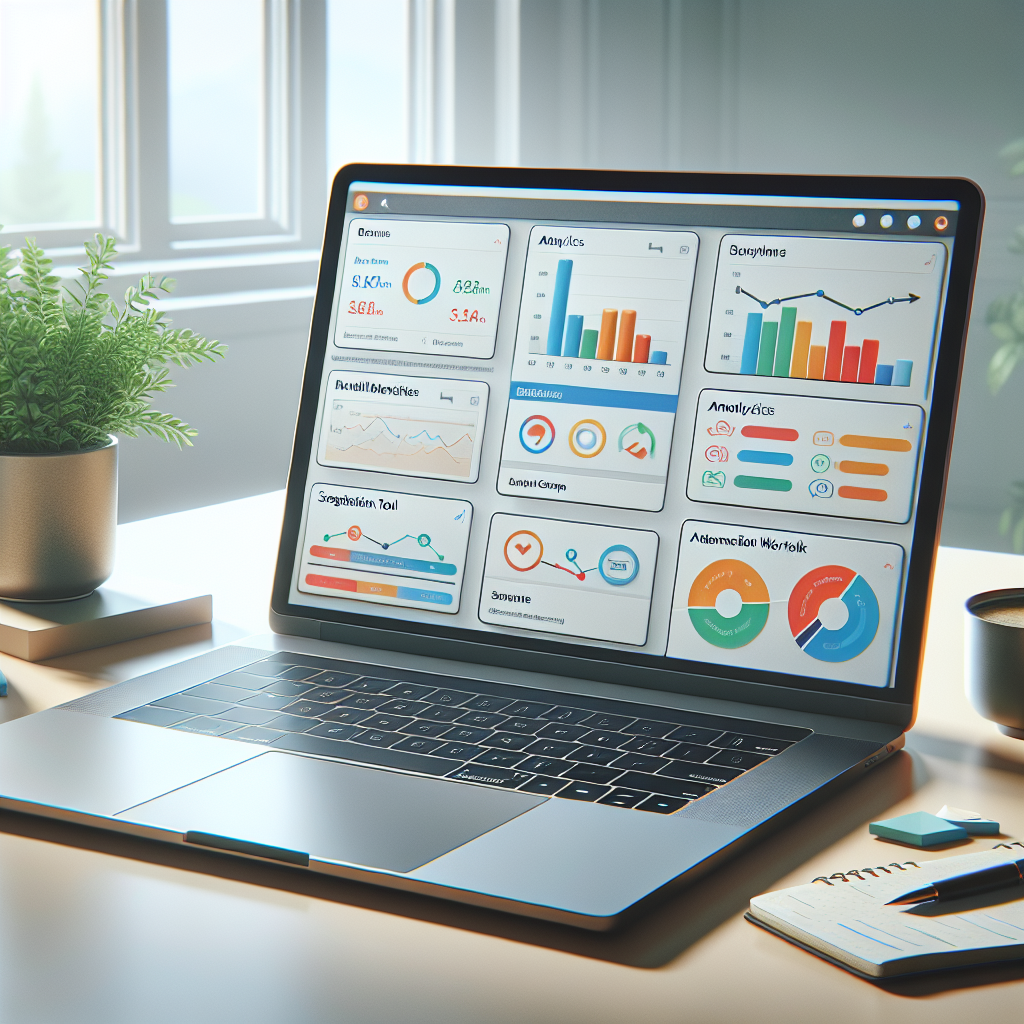 An open laptop on a desk with email marketing software on the screen, a cup of coffee, and a houseplant beside it in a natural light setting.