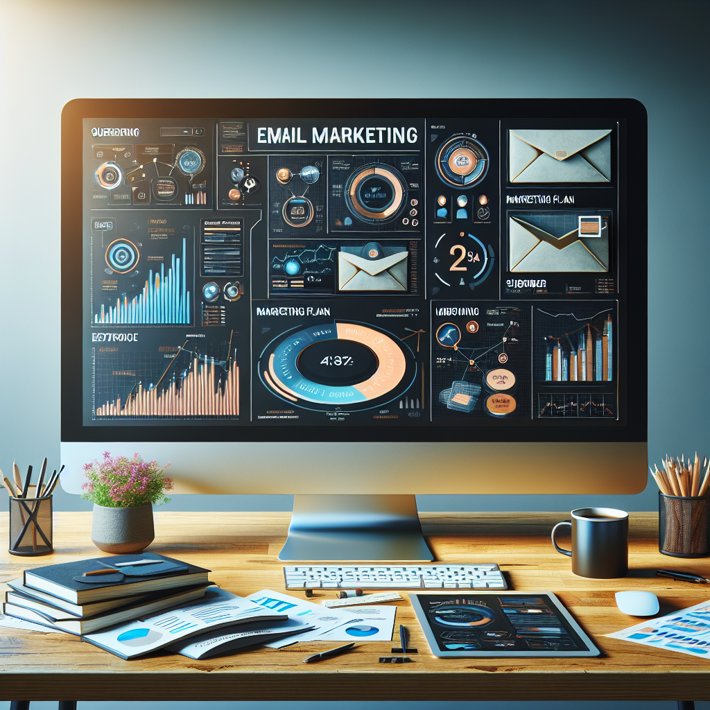 A digital workspace with a glowing computer screen showing email marketing analytics, surrounded by marketing books and a tablet with charts.