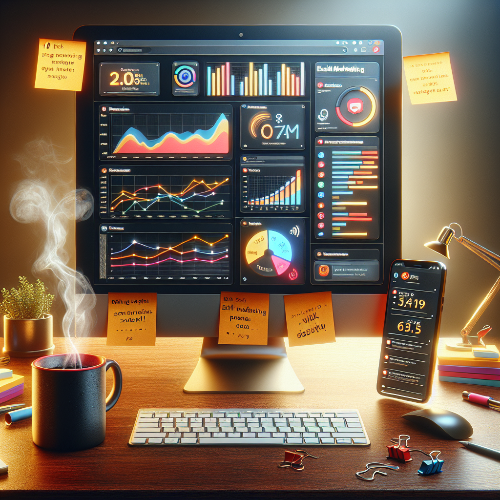 10 Tips for Effective Email Marketing Success! 1 A digital marketer's desk with a computer screen showing rising campaign metrics, notes on email marketing tips, a steaming coffee cup, and a smartphone with notifications.