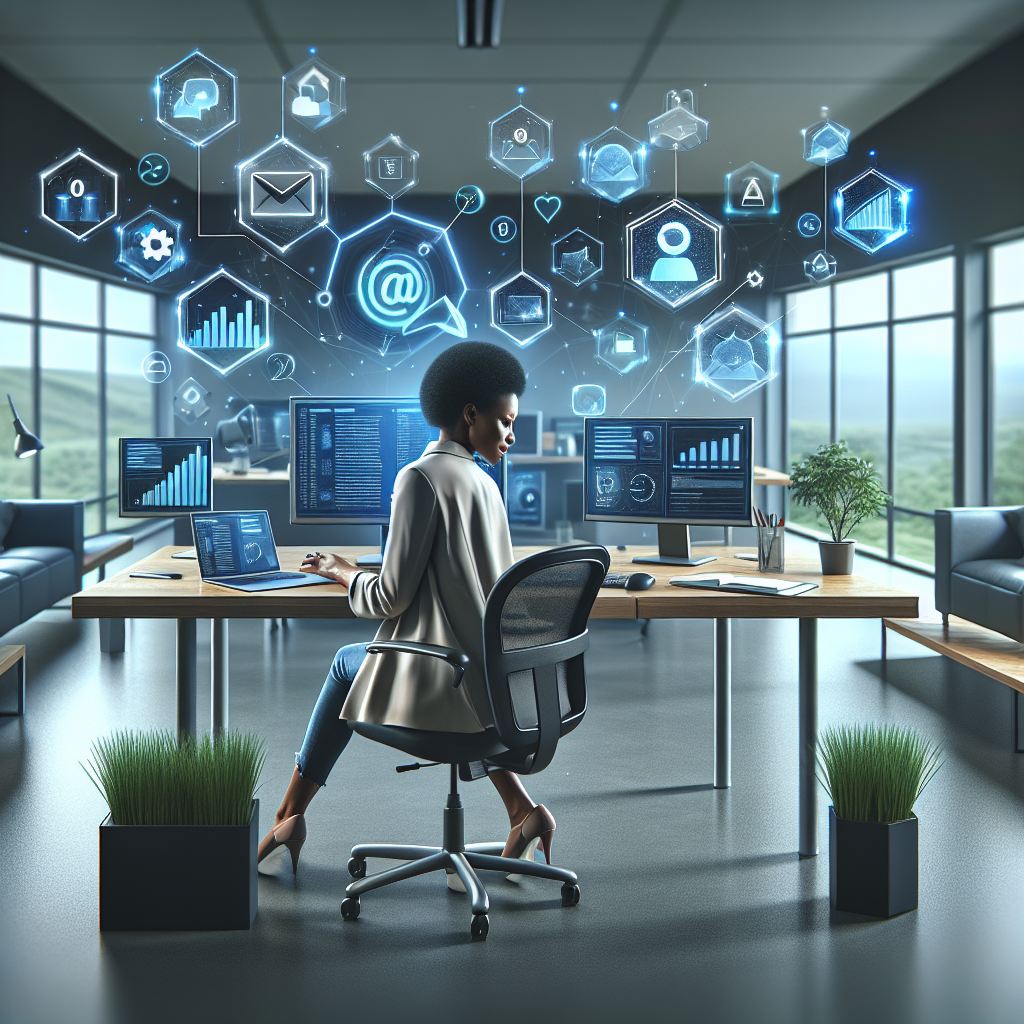 10 Tips for Effective Email Marketing Success! 2 A digital marketer at a desk with visible email interfaces and marketing analytics icons in a modern office setting.