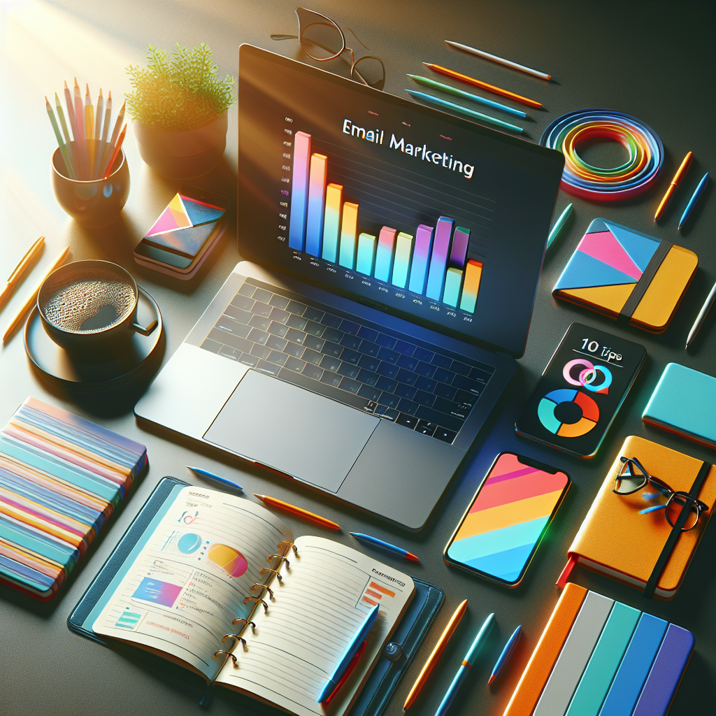 10 Tips for Effective Email Marketing Success! 3 A digital marketer's workspace with an open laptop showing a bar graph, a planner titled '10 Tips for Effective Email Marketing', a smartphone, and notebooks.