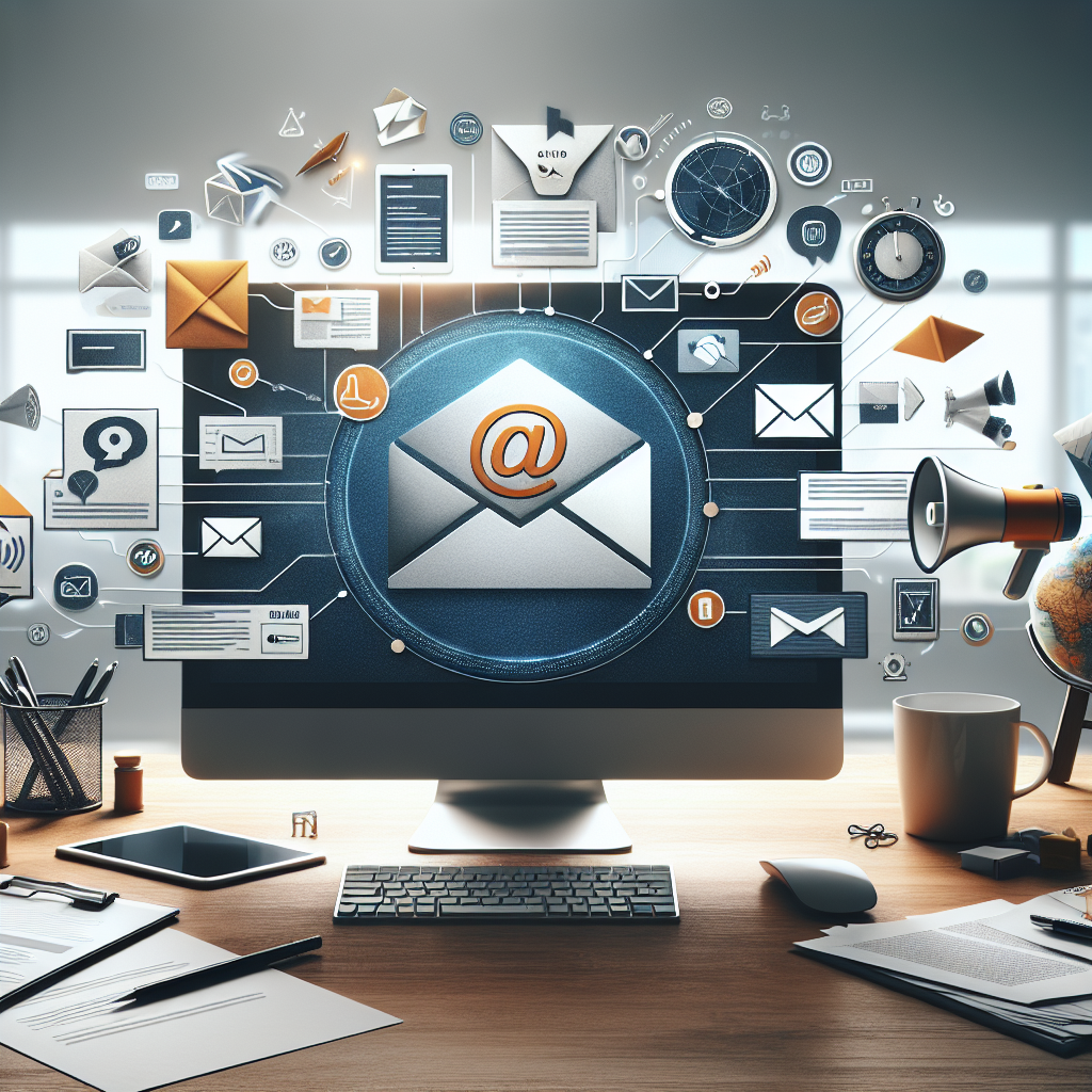 Professional desk space featuring a digital device with WooCommerce email marketing symbols, with a focus on an open email with the WooCommerce logo.