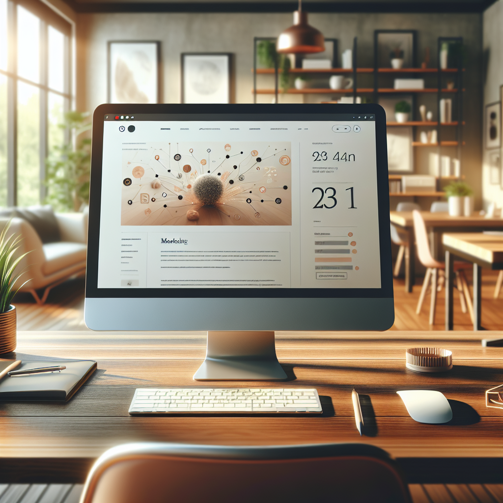 A computer screen with an abstract representation of an email template in a cozy office setting, symbolizing WooCommerce email marketing.