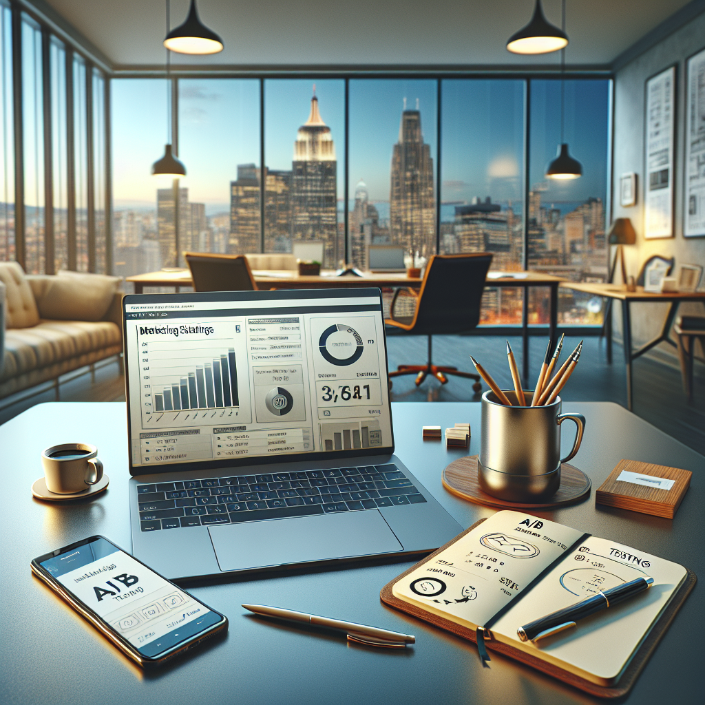 Best in Class Email Marketing: Top Strategies Unveiled 1 A modern desk with a laptop displaying analytics, a smartphone with an email notification, a notepad with 'A/B Testing', and a cup of coffee, positioned in front of a window overlooking a bustling cityscape.