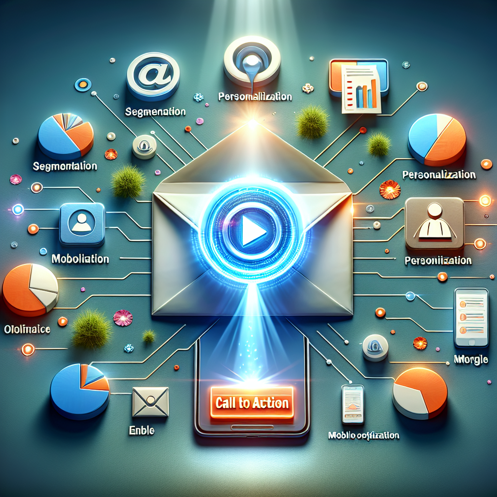 Best in Class Email Marketing: Top Strategies Unveiled 2 A digital painting representing the elements of top-tier email marketing, with a large envelope and a glowing call-to-action button, surrounded by icons of segmentation, personalization, and mobile optimization.