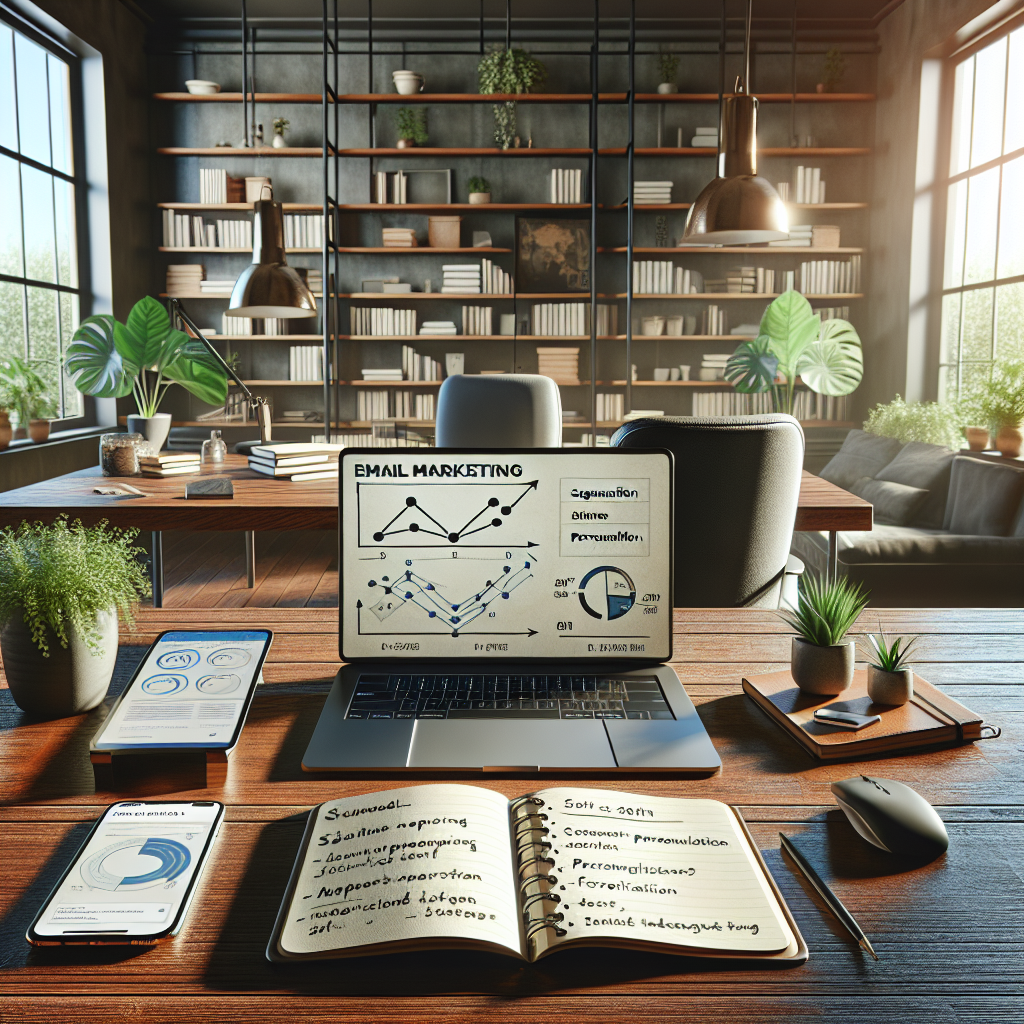 Best in Class Email Marketing: Top Strategies Unveiled 3 An email marketing expert's desk with a laptop showing analytics, a notebook with marketing notes, and a smartphone with an email interface.