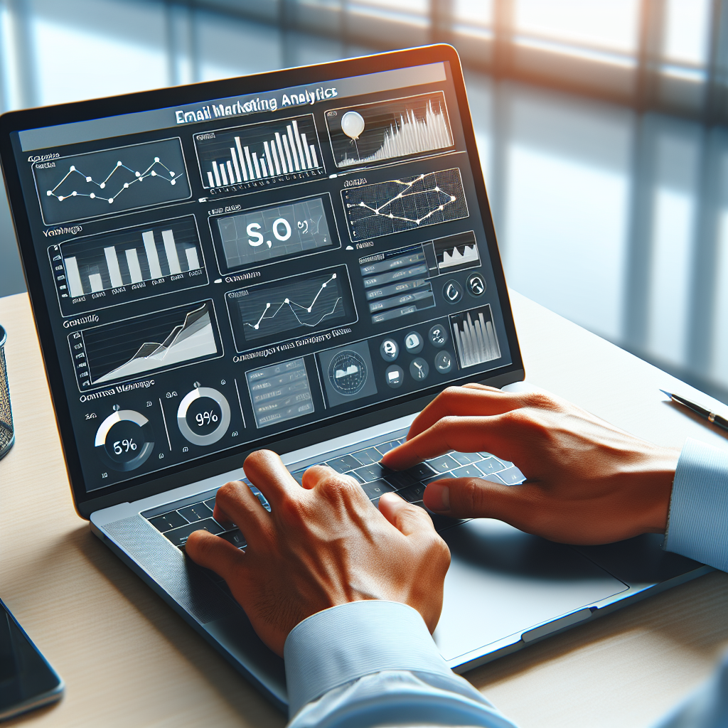 Best in Class Email Marketing: Top Strategies Unveiled 4 An open laptop with an email marketing analytics dashboard on the screen, and hands typing on the keyboard.