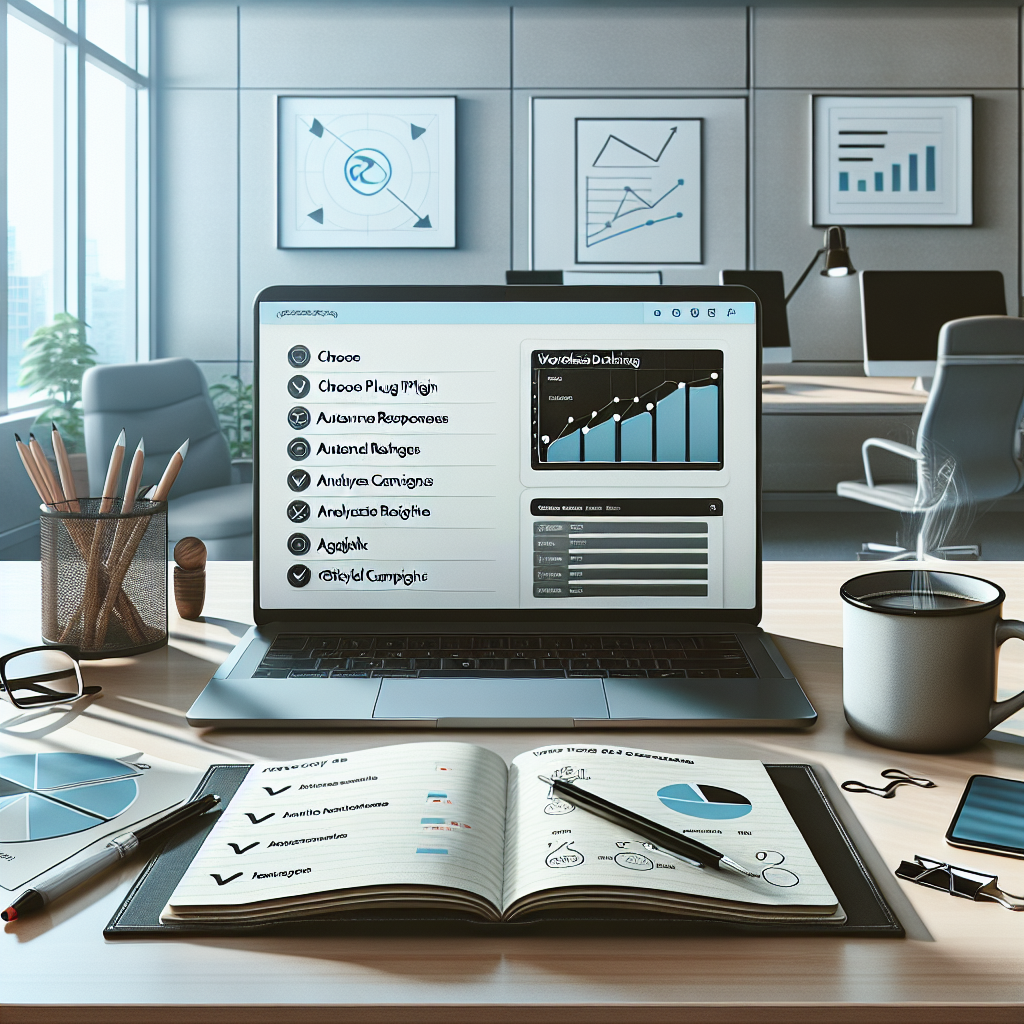 Best Email Marketing Strategies for WordPress Users 2 An open laptop with WordPress dashboard on the screen, surrounded by email marketing strategy elements on a desk in a bright office.