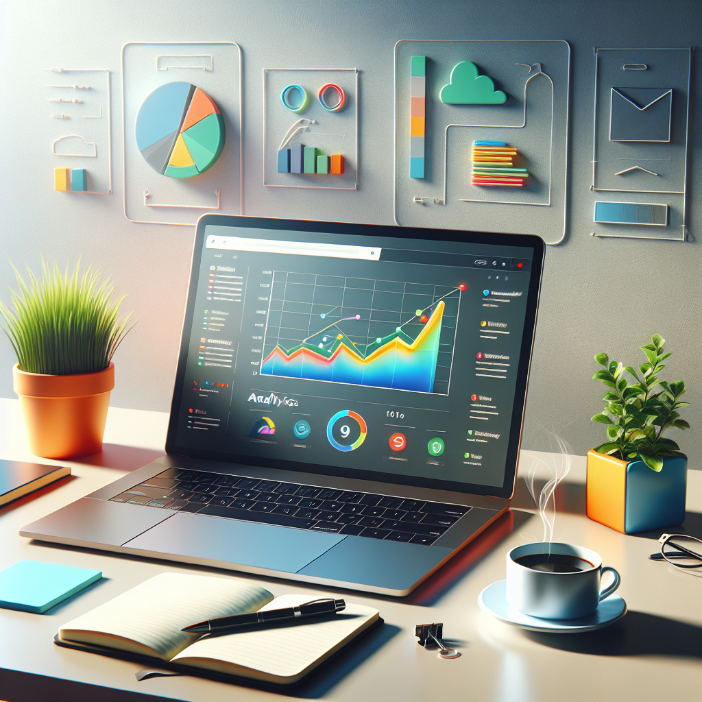 Best Email Marketing Strategies for WordPress Users 3 A modern laptop on a desk, showing email marketing analytics and a WordPress hint on screen, with a potted plant, notebook, and coffee cup in a softly lit environment.