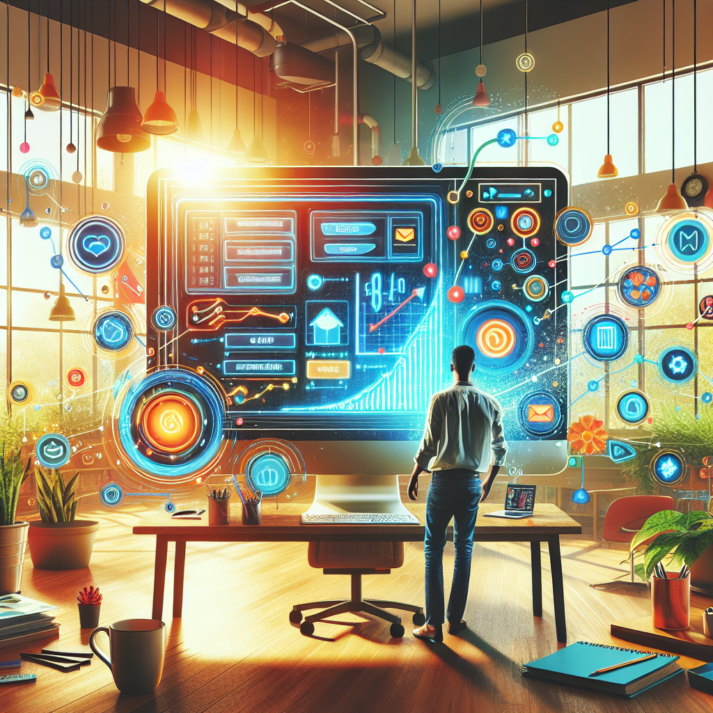 Best Email Marketing Strategies for WordPress Users 4 Modern workspace with a user at a computer displaying email marketing analytics dashboard integrated with WordPress, surrounded by productive office elements.