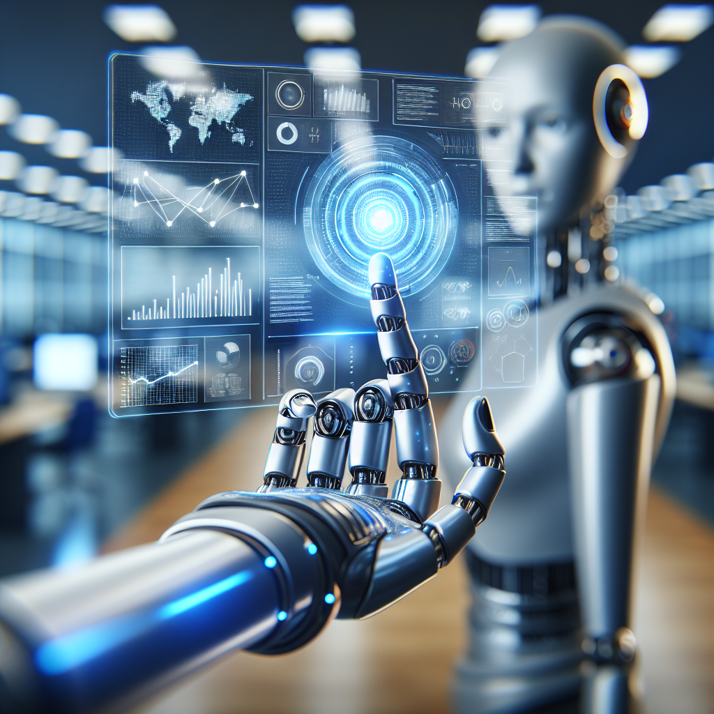 Revolutionize Your Sales: AI Lead Generation Techniques 1 A realistic image of a humanoid robot's hand pointing to a futuristic holographic sales dashboard with no text or faces, set in a corporate environment.