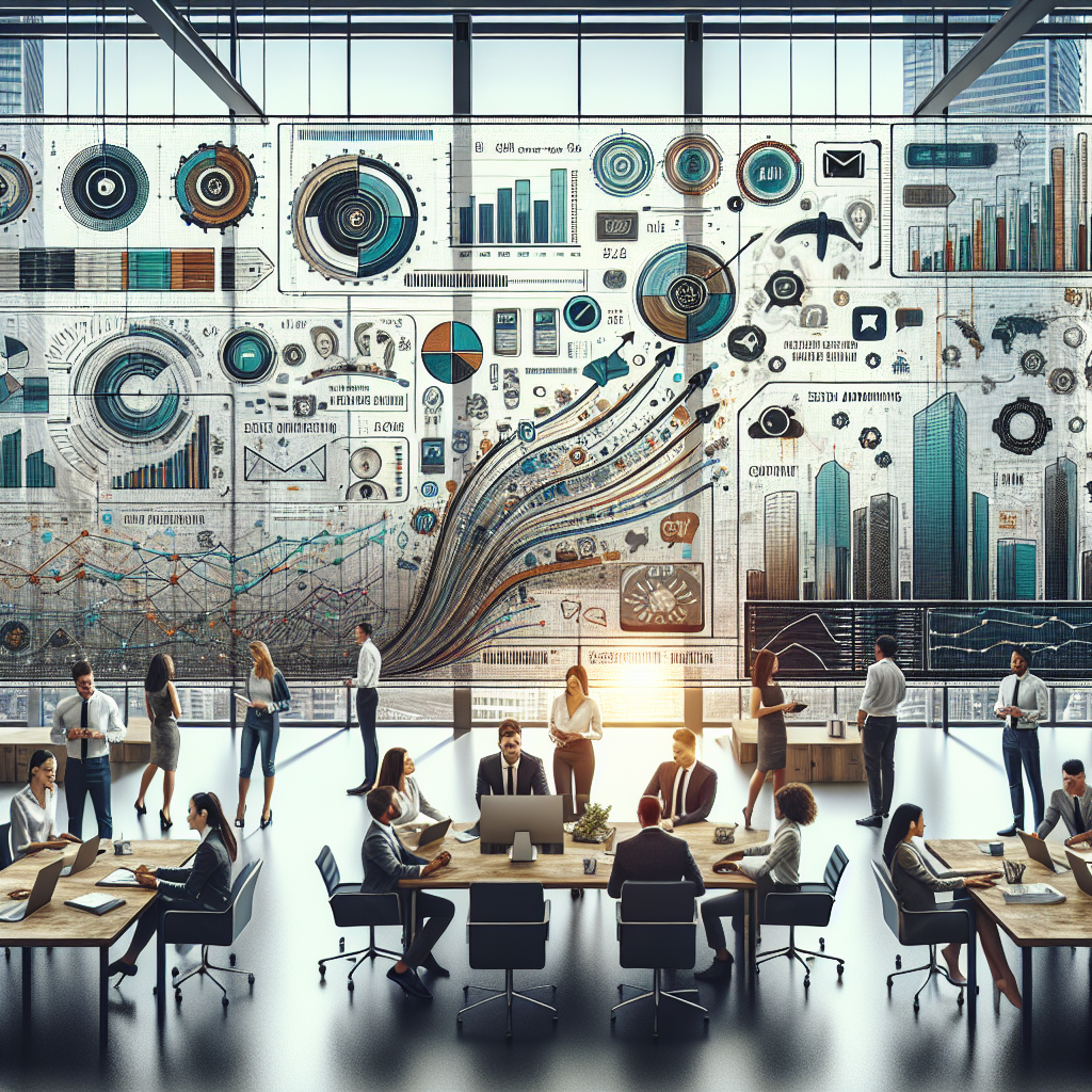 Boost Your Sales: Top Lead Generation Services Unveiled! 1 Illustration of a high-tech office with team members discussing lead generation strategies, featuring elements of email marketing, social media, and SEO.