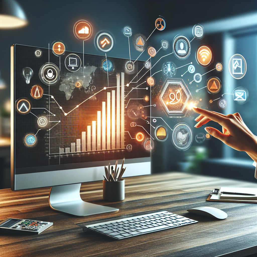 Boost Your Sales: Top Lead Generation Services Unveiled! 2 A modern professional workspace with a desk displaying a computer screen showing a sales growth graph, marketing materials, and a human hand pointing at the screen, with a vibrant and professional color palette in well-lit daylight.