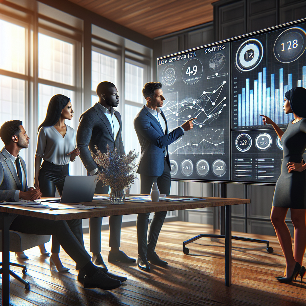 Boost Your Sales: Top Lead Generation Services Unveiled! 3 A team of professionals brainstorming around a digital screen with lead generation graphs, in a well-lit modern office environment.