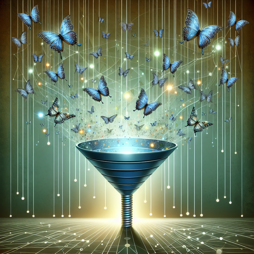 Boost Your Sales: Top Lead Generation Services Unveiled! 4 Abstract representation of a digital funnel with blue and green butterflies symbolizing leads converging into it, set against a backdrop of flowing data lines and nodes.