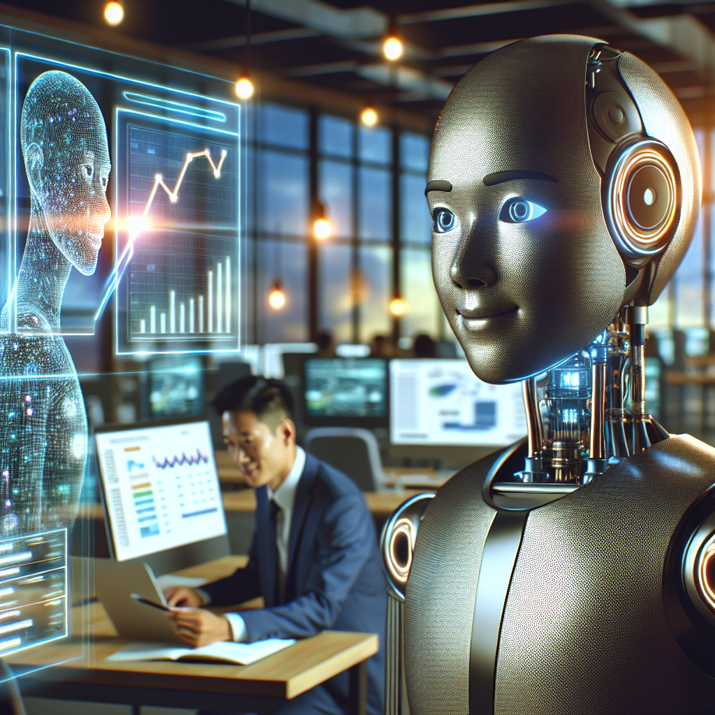 A humanoid robot assistant with a digital face collaborates with a human marketer, reviewing a holographic marketing funnel in a tech-driven office.