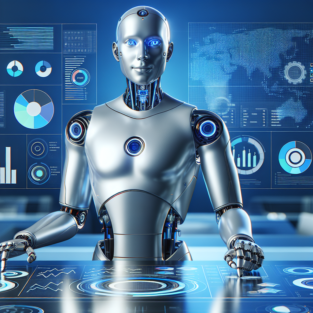 A sleek, chrome-finished humanoid AI marketing assistant robot is collaborating on a digital marketing dashboard with colorful graphs, in a bright and technology-oriented office setting.